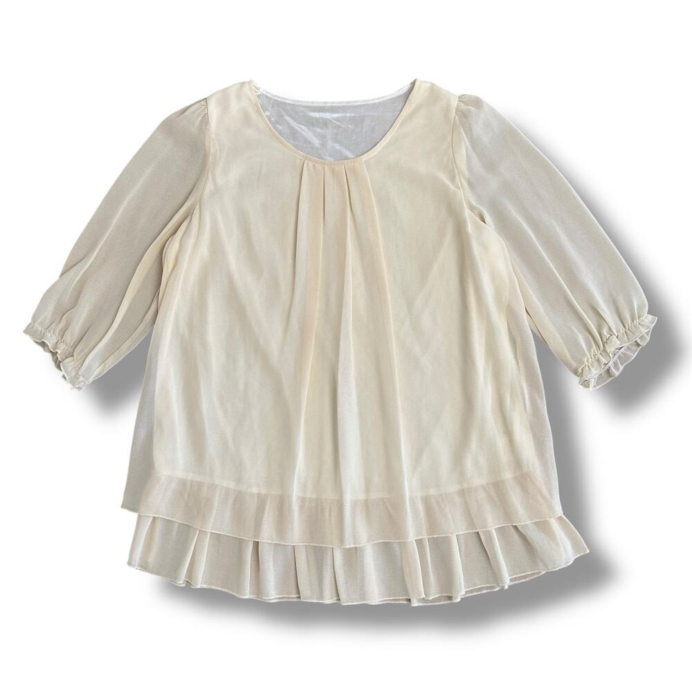 Belle Habiller Women’s Ivory Chiffon Blouse‎ Layered Hem Sheer Sleeve Top M/L